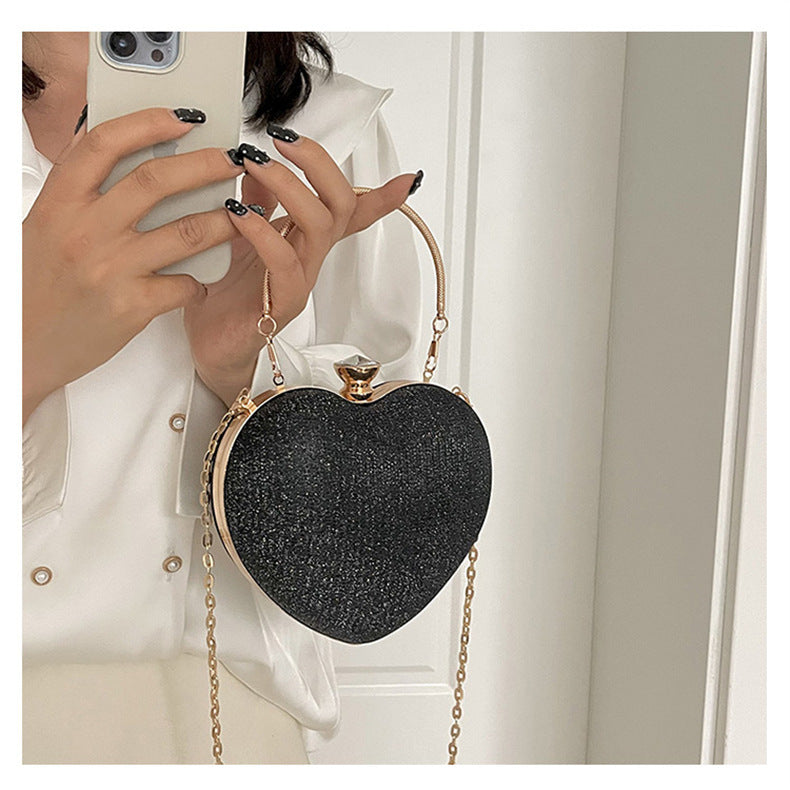 Ladies Fashion Shining Chain Crossbody Bag, Elegant Shoulder Heart Shaped, Metal Embellished, Black, with Buckle Closure, for Party, Wedding, Date